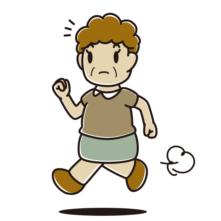 走っていて何かに気付くおばさんのイラスト【色あり、背景なし】透過PNG