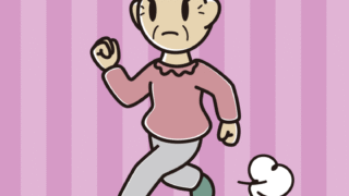 走っていて何かに気付くおばあさんのイラスト【色、背景あり】PNG