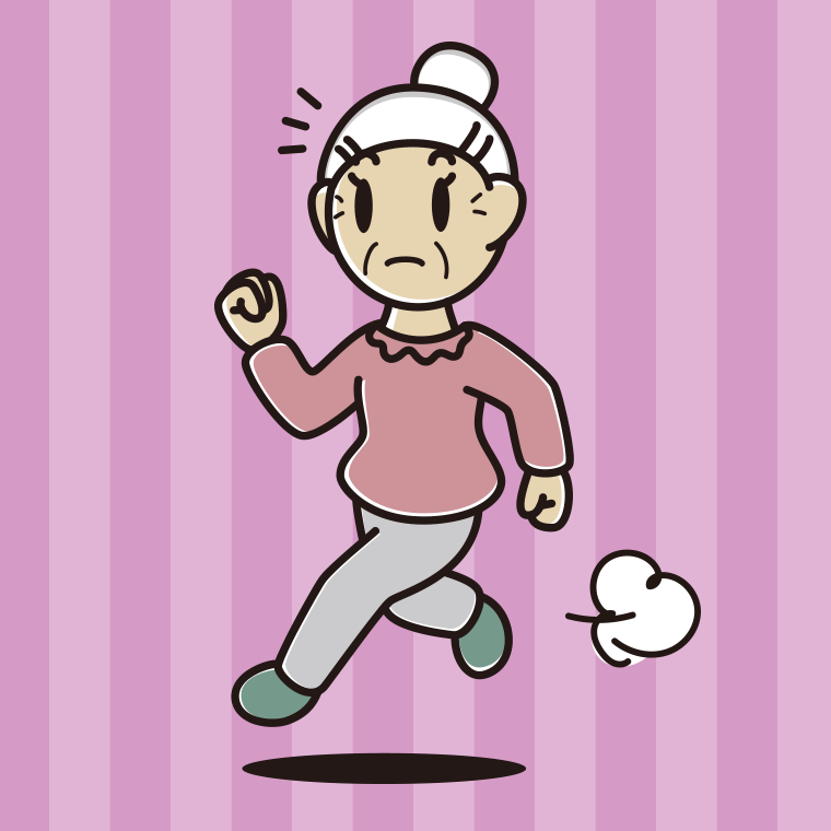 走っていて何かに気付くおばあさんのイラスト【色、背景あり】PNG