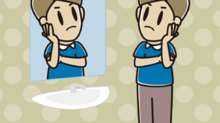 鏡を見て考える男性のイラスト【色、背景あり】PNG