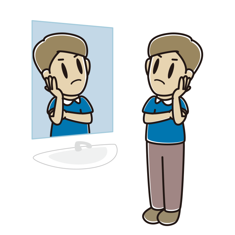 鏡を見て考える男性のイラスト【色あり、背景なし】透過PNG