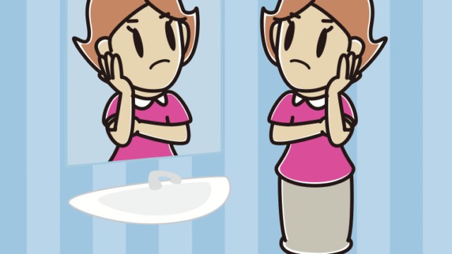 鏡を見て考える女性のイラスト【色、背景あり】PNG