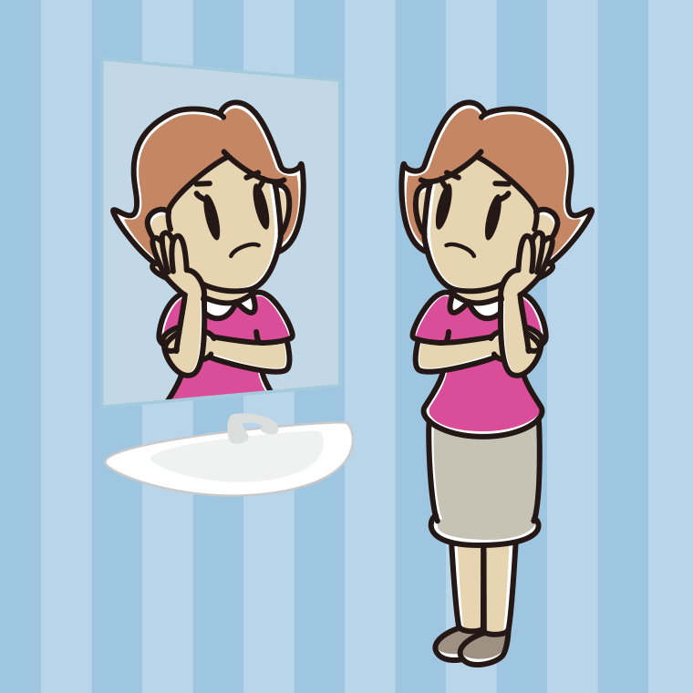 鏡を見て考える女性のイラスト【色、背景あり】PNG