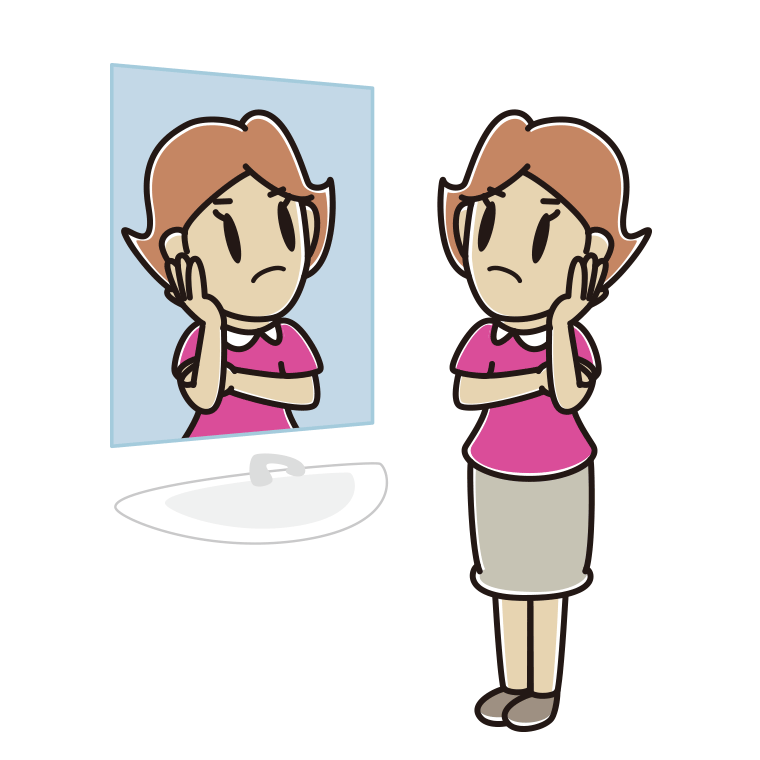 鏡を見て考える女性のイラスト【色あり、背景なし】透過PNG