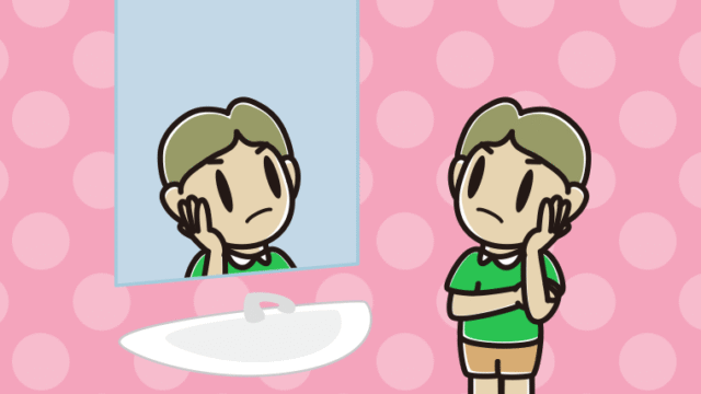 鏡を見て考える小学生男子のイラスト【色、背景あり】PNG