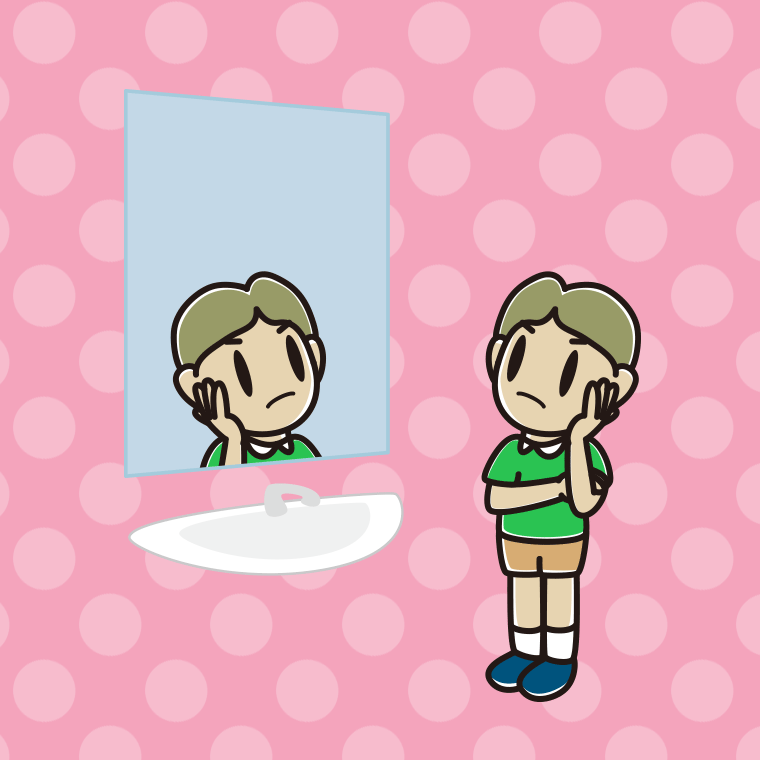 鏡を見て考える小学生男子のイラスト【色、背景あり】PNG