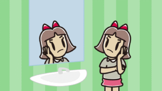 鏡を見て考える小学生女子のイラスト【色、背景あり】PNG