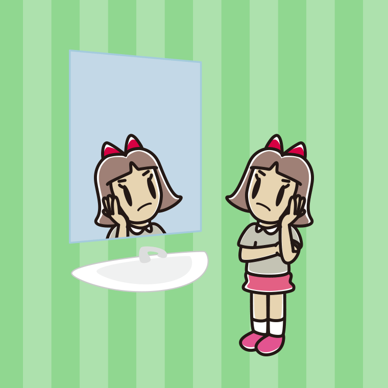 鏡を見て考える小学生女子のイラスト【色、背景あり】PNG