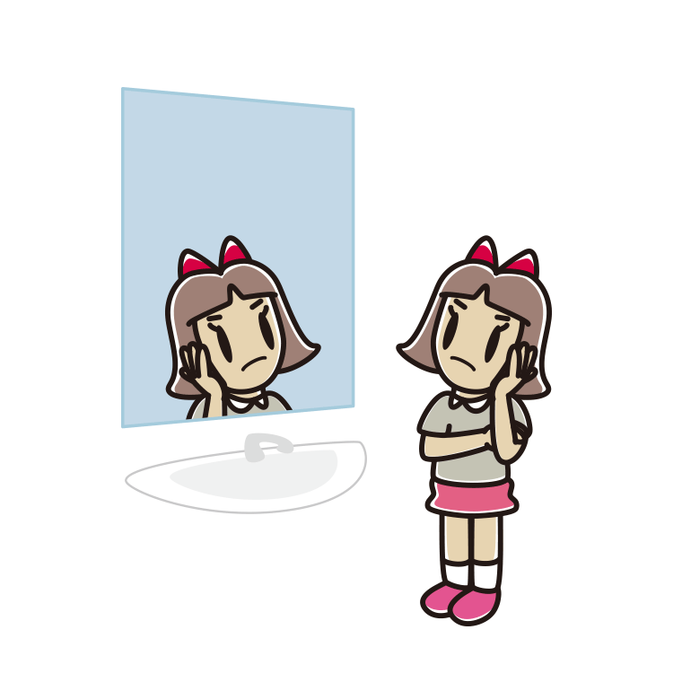 鏡を見て考える小学生女子のイラスト【色あり、背景なし】透過PNG