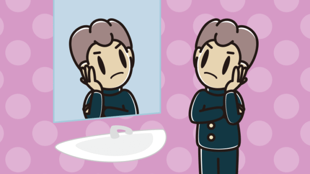 鏡を見て考える男子中学生のイラスト【色、背景あり】PNG