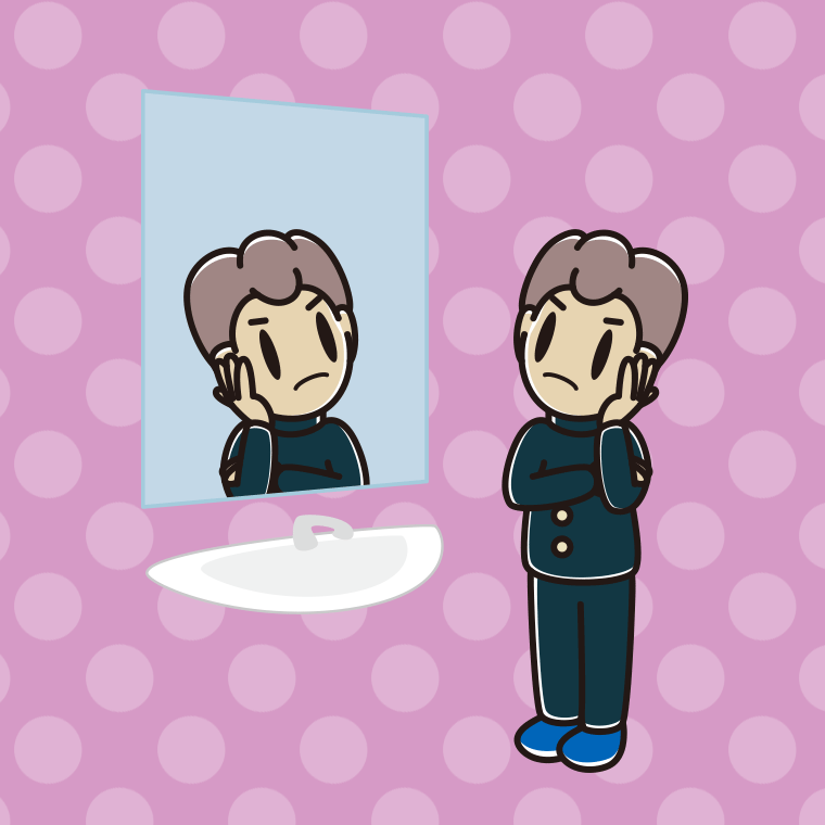 鏡を見て考える男子中学生のイラスト【色、背景あり】PNG