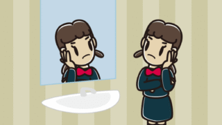 鏡を見て考える女子中学生のイラスト【色、背景あり】PNG