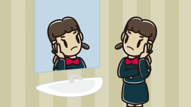 鏡を見て考える女子中学生のイラスト【色、背景あり】PNG