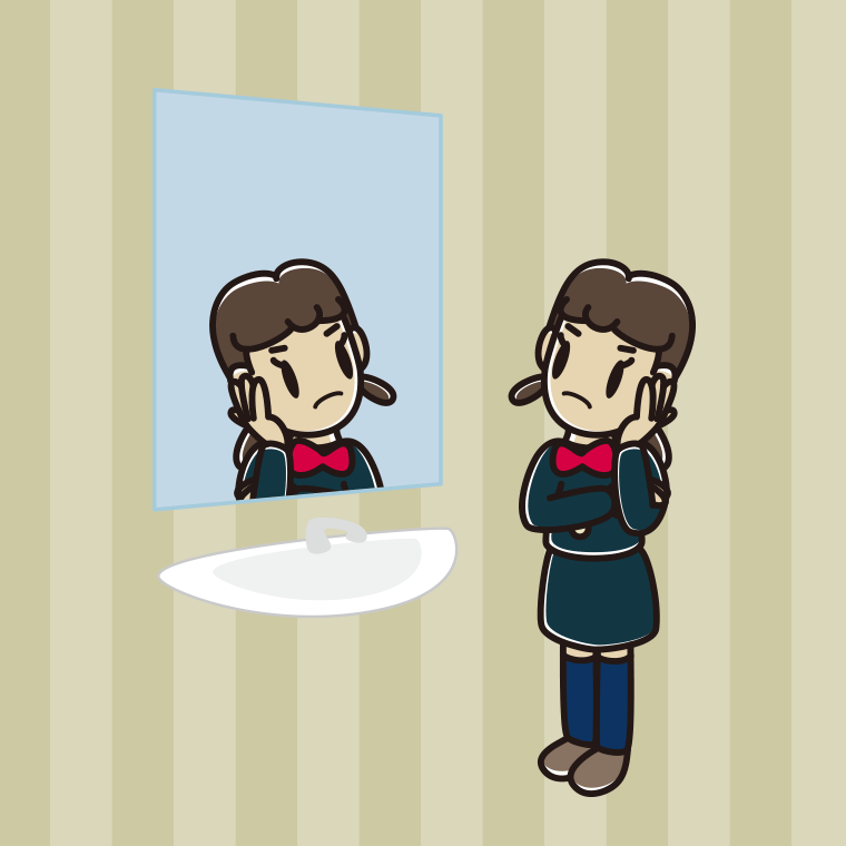 鏡を見て考える女子中学生のイラスト【色、背景あり】PNG