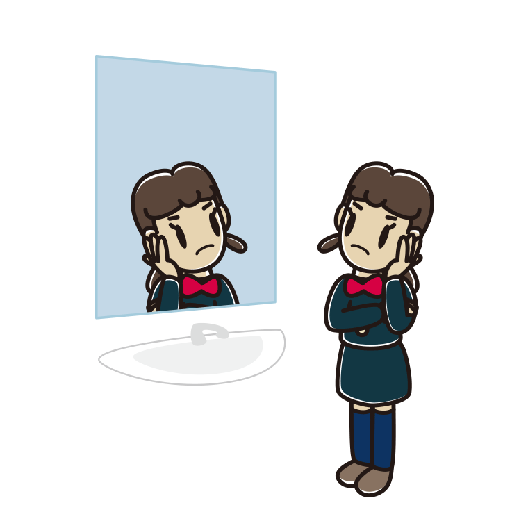 鏡を見て考える女子中学生のイラスト【色あり、背景なし】透過PNG