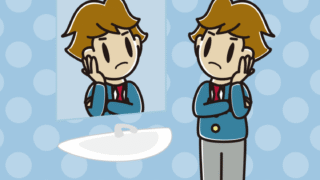 鏡を見て考える男子高校生のイラスト【色、背景あり】PNG