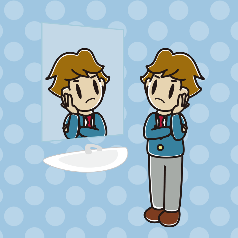 鏡を見て考える男子高校生のイラスト【色、背景あり】PNG
