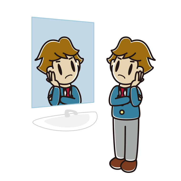 鏡を見て考える男子高校生のイラスト【色あり、背景なし】透過PNG