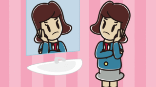 鏡を見て考える女子高校生のイラスト【色、背景あり】PNG