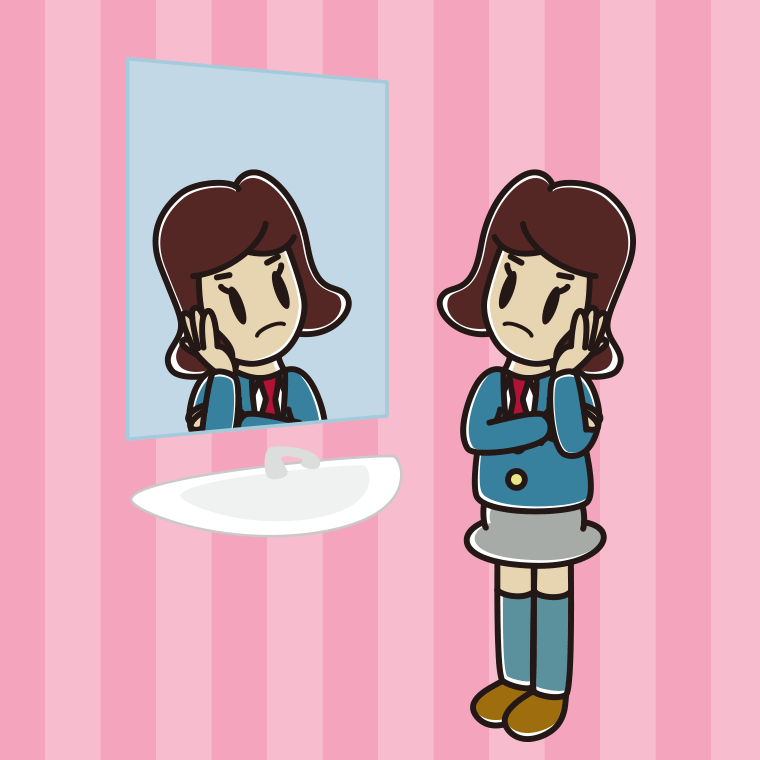 鏡を見て考える女子高校生のイラスト【色、背景あり】PNG