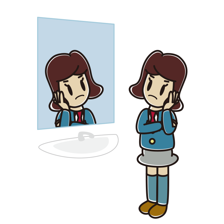 鏡を見て考える女子高校生のイラスト【色あり、背景なし】透過PNG