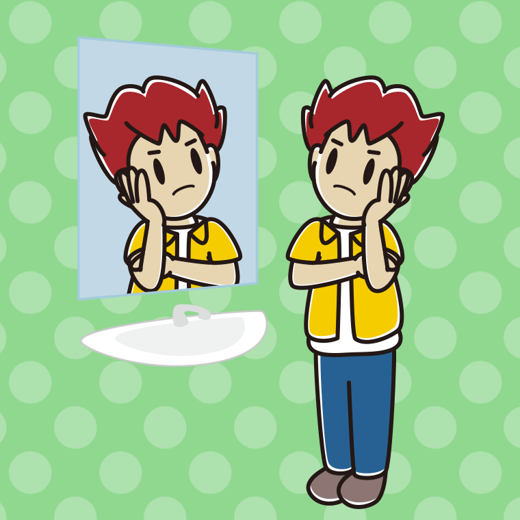 鏡を見て考える男子大学生のイラスト【色、背景あり】PNG