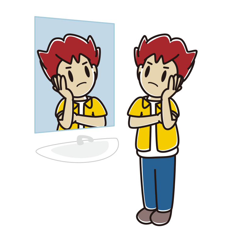 鏡を見て考える男子大学生のイラスト【色あり、背景なし】透過PNG