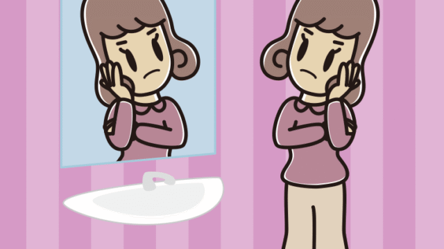 鏡を見て考える女子大学生のイラスト【色、背景あり】PNG