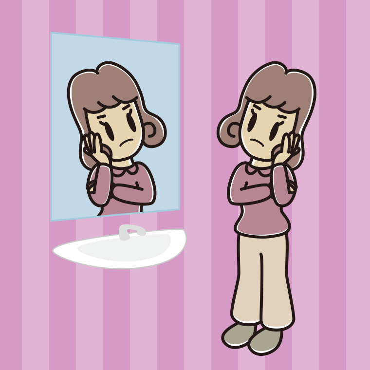 鏡を見て考える女子大学生のイラスト【色、背景あり】PNG