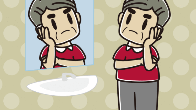 鏡を見て考えるおじさんのイラスト【色、背景あり】PNG