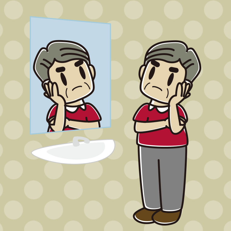 鏡を見て考えるおじさんのイラスト【色、背景あり】PNG