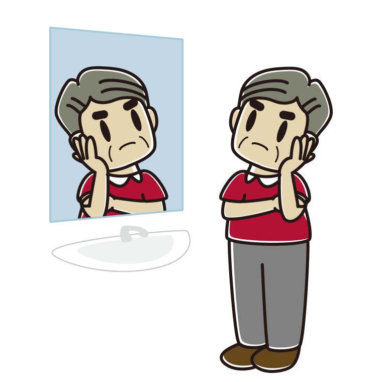 鏡を見て考えるおじさんのイラスト【色あり、背景なし】透過PNG