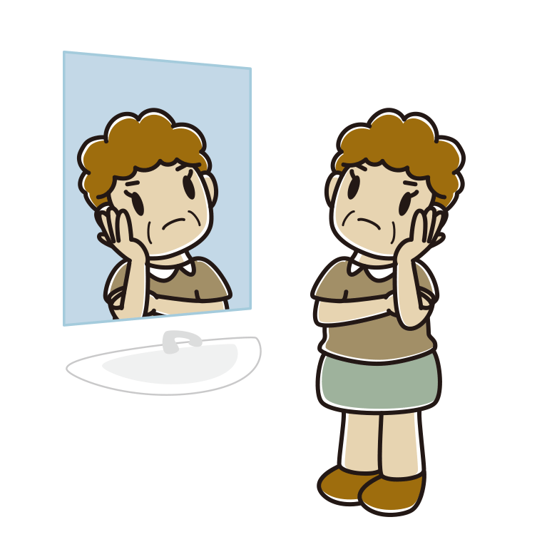 鏡を見て考えるおばさんのイラスト【色あり、背景なし】透過PNG