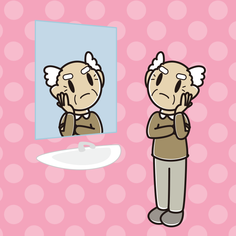 鏡を見て考えるおじいさんのイラスト【色、背景あり】PNG