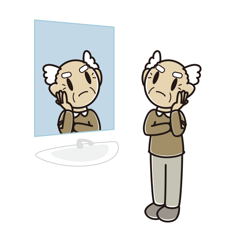 鏡を見て考えるおじいさんのイラスト【色あり、背景なし】透過PNG