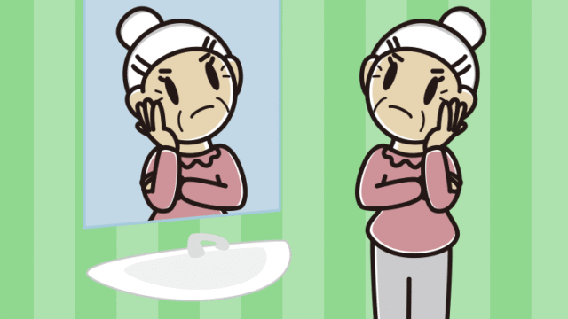 鏡を見て考えるおばあさんのイラスト【色、背景あり】PNG