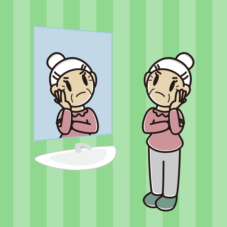 鏡を見て考えるおばあさんのイラスト【色、背景あり】PNG