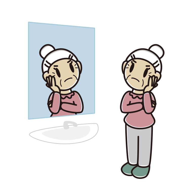 鏡を見て考えるおばあさんのイラスト【色あり、背景なし】透過PNG