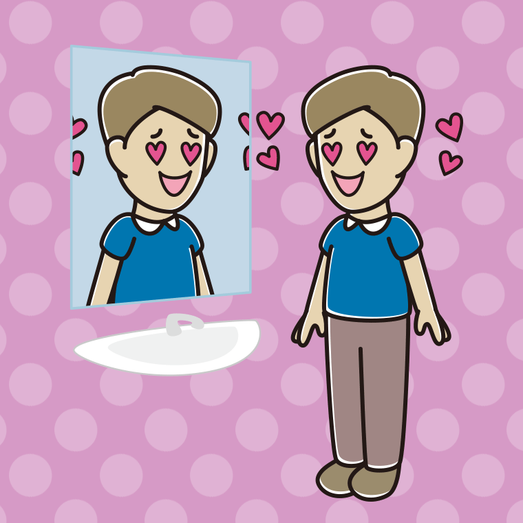 鏡を見て目がハートになる男性のイラスト【色、背景あり】PNG
