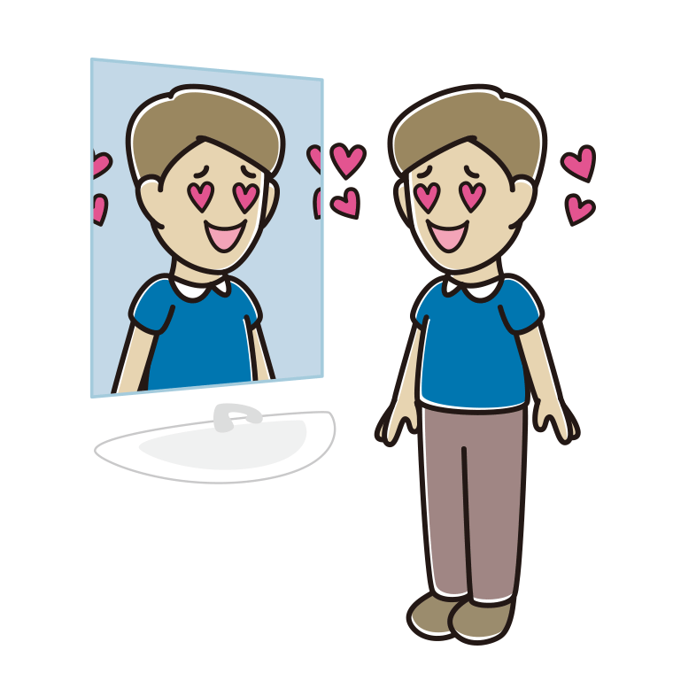 鏡を見て目がハートになる男性のイラスト【色あり、背景なし】透過PNG