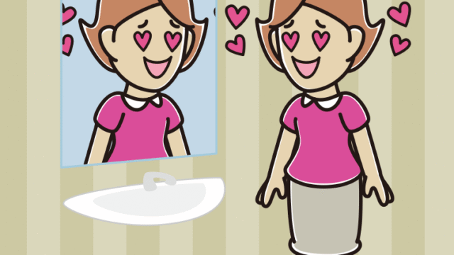 鏡を見て目がハートになる女性のイラスト【色、背景あり】PNG