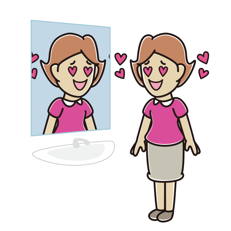鏡を見て目がハートになる女性のイラスト【色あり、背景なし】透過PNG