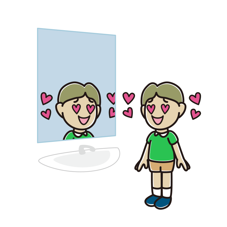 鏡を見て目がハートになる小学生男子のイラスト【色あり、背景なし】透過PNG