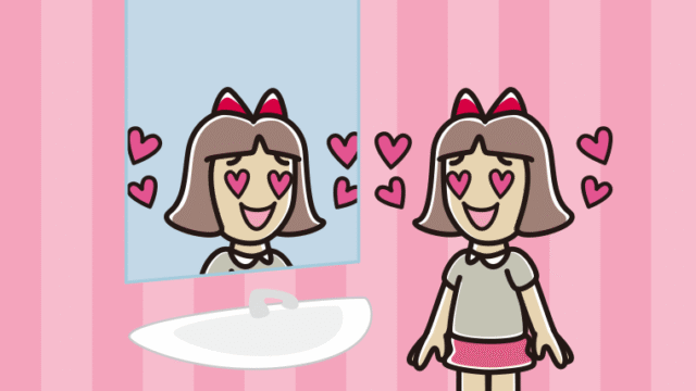 鏡を見て目がハートになる小学生女子のイラスト【色、背景あり】PNG