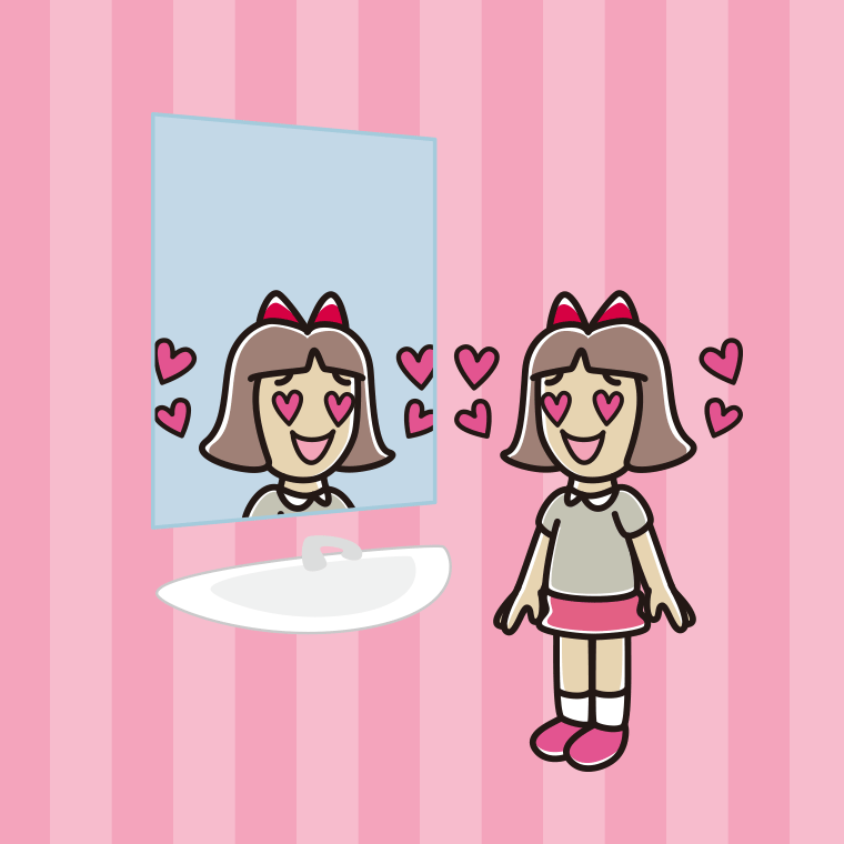 鏡を見て目がハートになる小学生女子のイラスト【色、背景あり】PNG