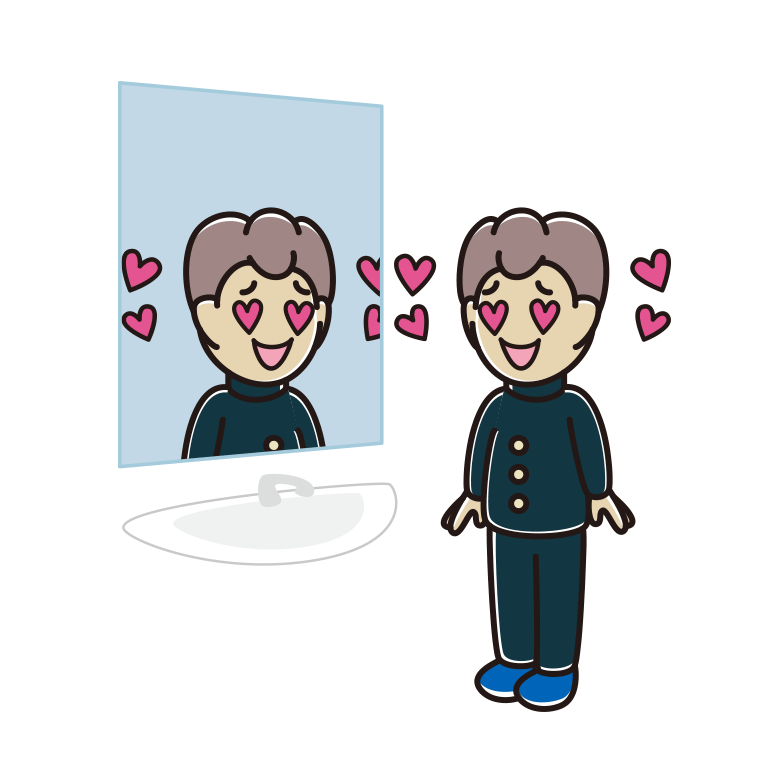 鏡を見て目がハートになる男子中学生のイラスト【色あり、背景なし】透過PNG