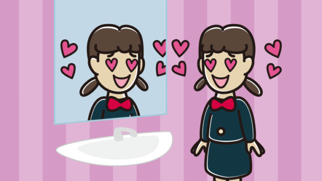 鏡を見て目がハートになる女子中学生のイラスト【色、背景あり】PNG