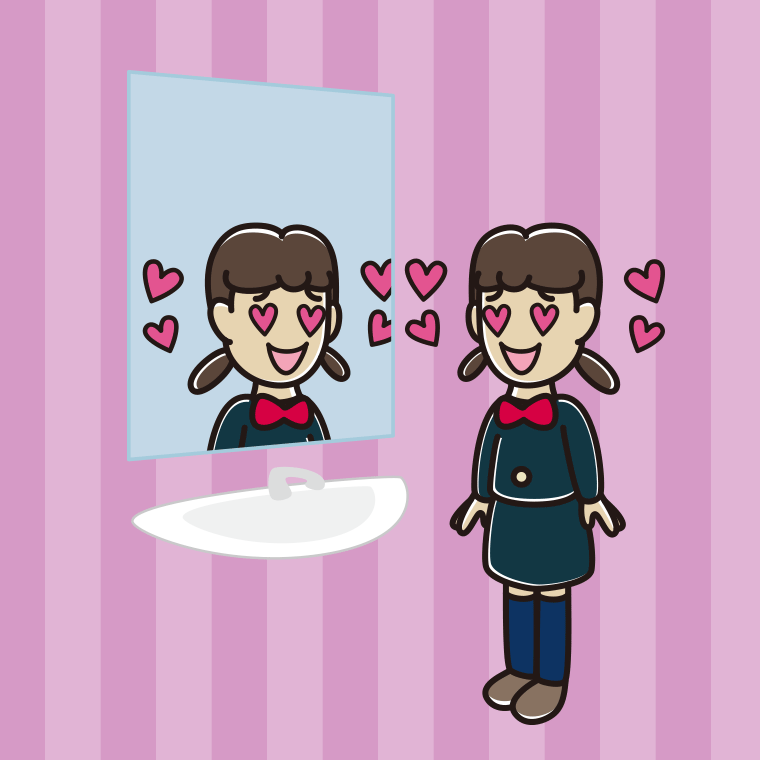 鏡を見て目がハートになる女子中学生のイラスト【色、背景あり】PNG