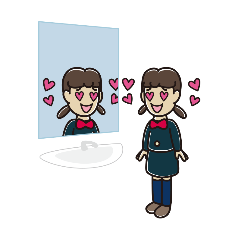 鏡を見て目がハートになる女子中学生のイラスト【色あり、背景なし】透過PNG