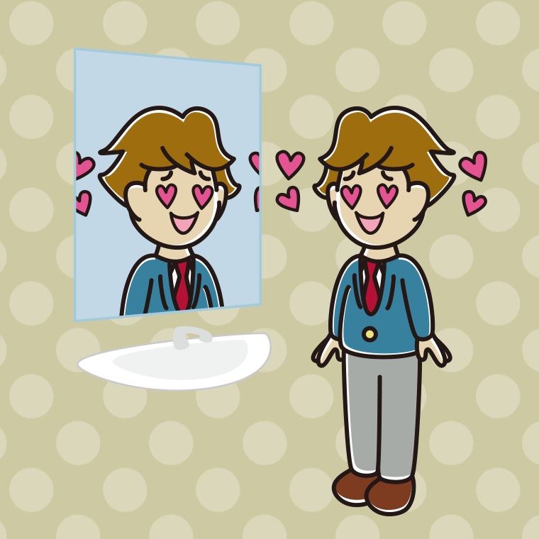 鏡を見て目がハートになる男子高校生のイラスト【色、背景あり】PNG